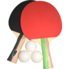 Zwei Tischtennisschläger, einer rot, einer schwarz, mit vier weißen Tischtennisbällen