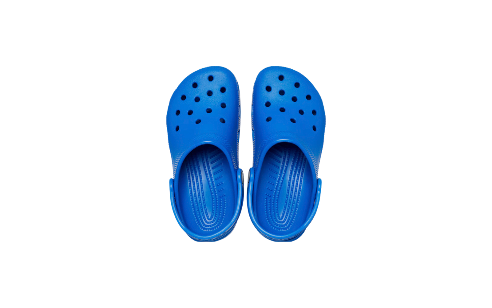 Vue de dessus d'une paire de sabots bleus avec des trous de ventilation ronds et des semelles intérieures texturées