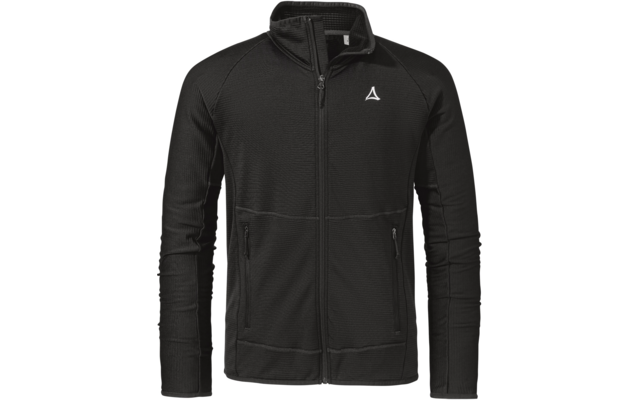 Schwarze Jacke mit durchgehendem Reißverschluss, hohem Kragen, zwei seitlichen Reißverschlusstaschen und weißem Dreieck-Logo auf der linken Brust