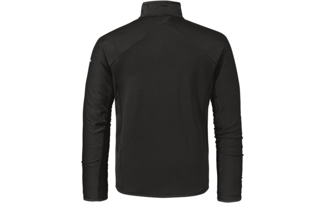 Rückansicht einer schwarzen Jacke mit langen Ärmeln, Stehkragen und sichtbaren Nähten