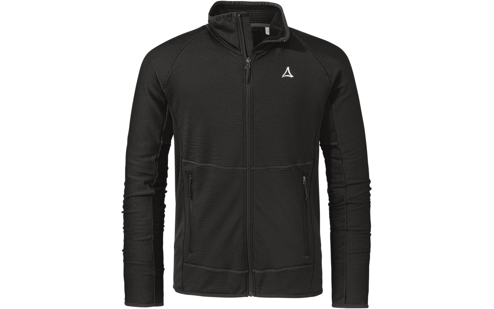 Schwarze Jacke mit durchgehendem Reißverschluss, hohem Kragen, zwei seitlichen Reißverschlusstaschen und weißem Dreieck-Logo auf der linken Brust