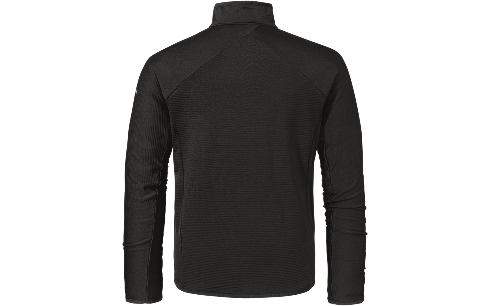 Rückansicht einer schwarzen Jacke mit langen Ärmeln, Stehkragen und sichtbaren Nähten