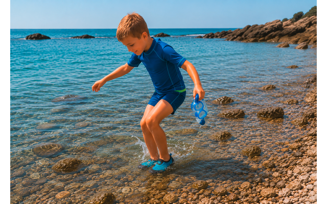 Niño con traje de baño azul y escarpines de agua, de pie en mar poco profundo y claro junto a una orilla de guijarros, sosteniendo unas gafas de natación azules; costa rocosa al fondo