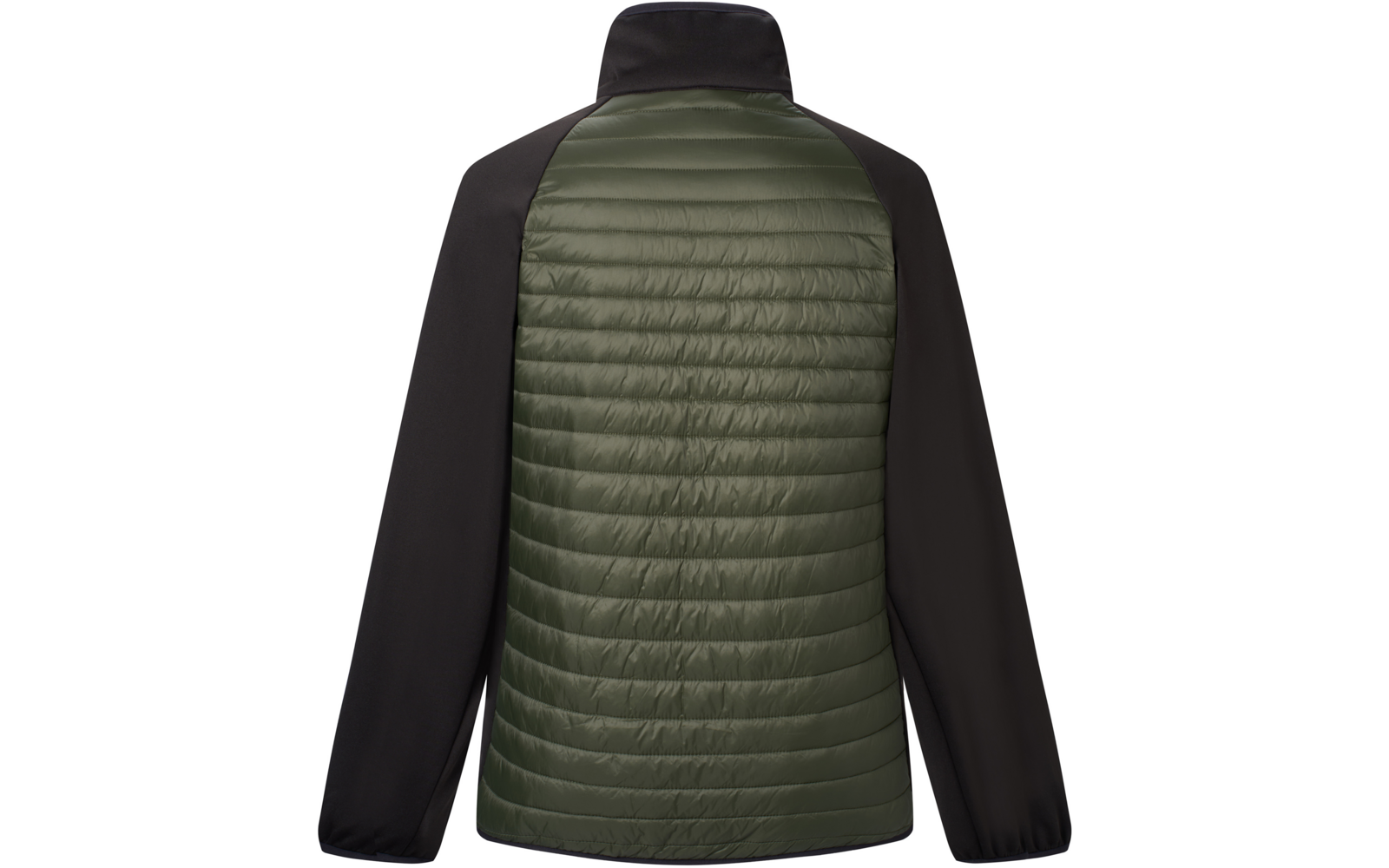 Rückenansicht einer Jacke mit olivgrünem, gestepptem Rücken, schwarzen Ärmeln und Stehkragen