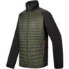Grüne gesteppte Jacke mit schwarzen Ärmeln und Schultern, Stehkragen, durchgehender Reißverschluss und seitlicher Reißverschlusstasche mit gelbem Zipper