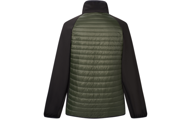 Rückenansicht einer Jacke mit olivgrünem, gestepptem Rücken, schwarzen Ärmeln und Stehkragen
