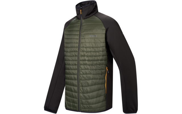 Grüne gesteppte Jacke mit schwarzen Ärmeln und Schultern, Stehkragen, durchgehender Reißverschluss und seitlicher Reißverschlusstasche mit gelbem Zipper