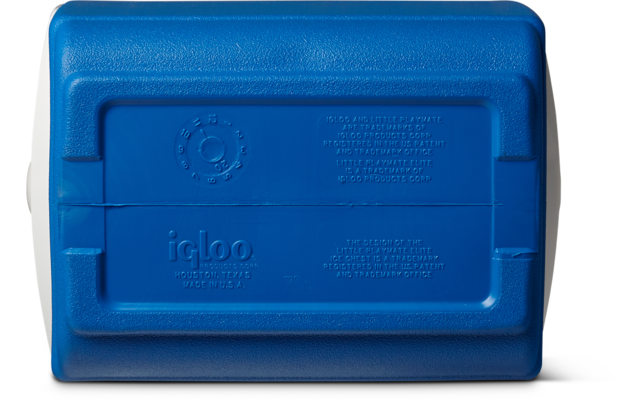 Blauer Kunststoffdeckel mit geprägtem Schriftzug "igloo" und rechteckigen Vertiefungen