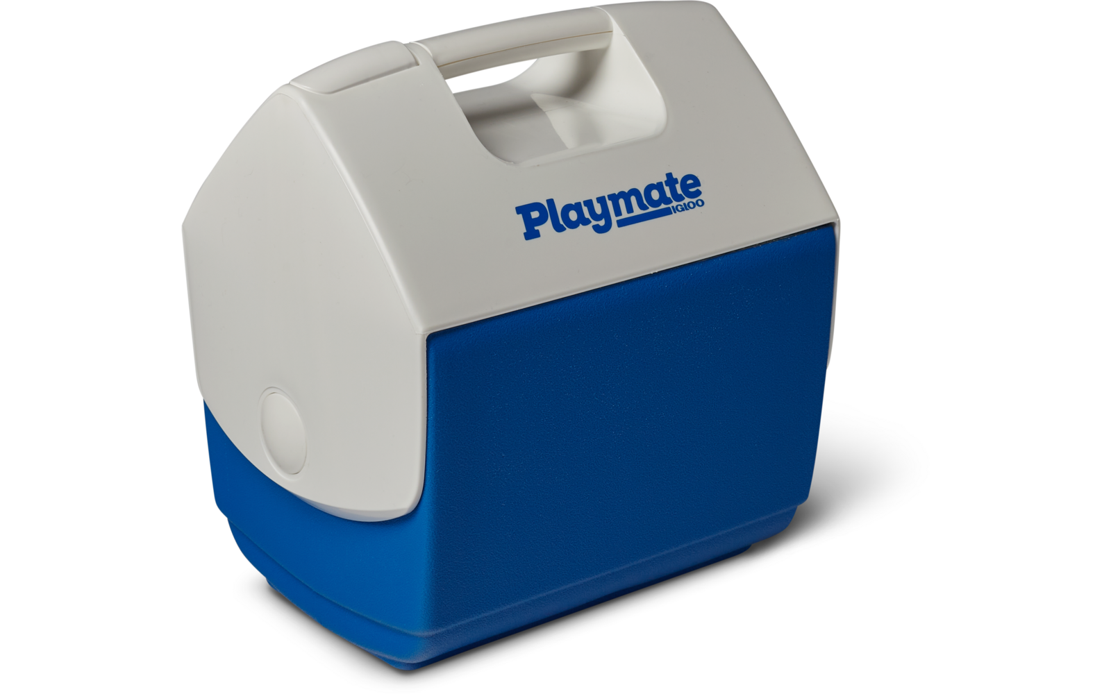 Weiße und blaue tragbare Kühlbox mit Tragegriff und 'Playmate'-Schriftzug