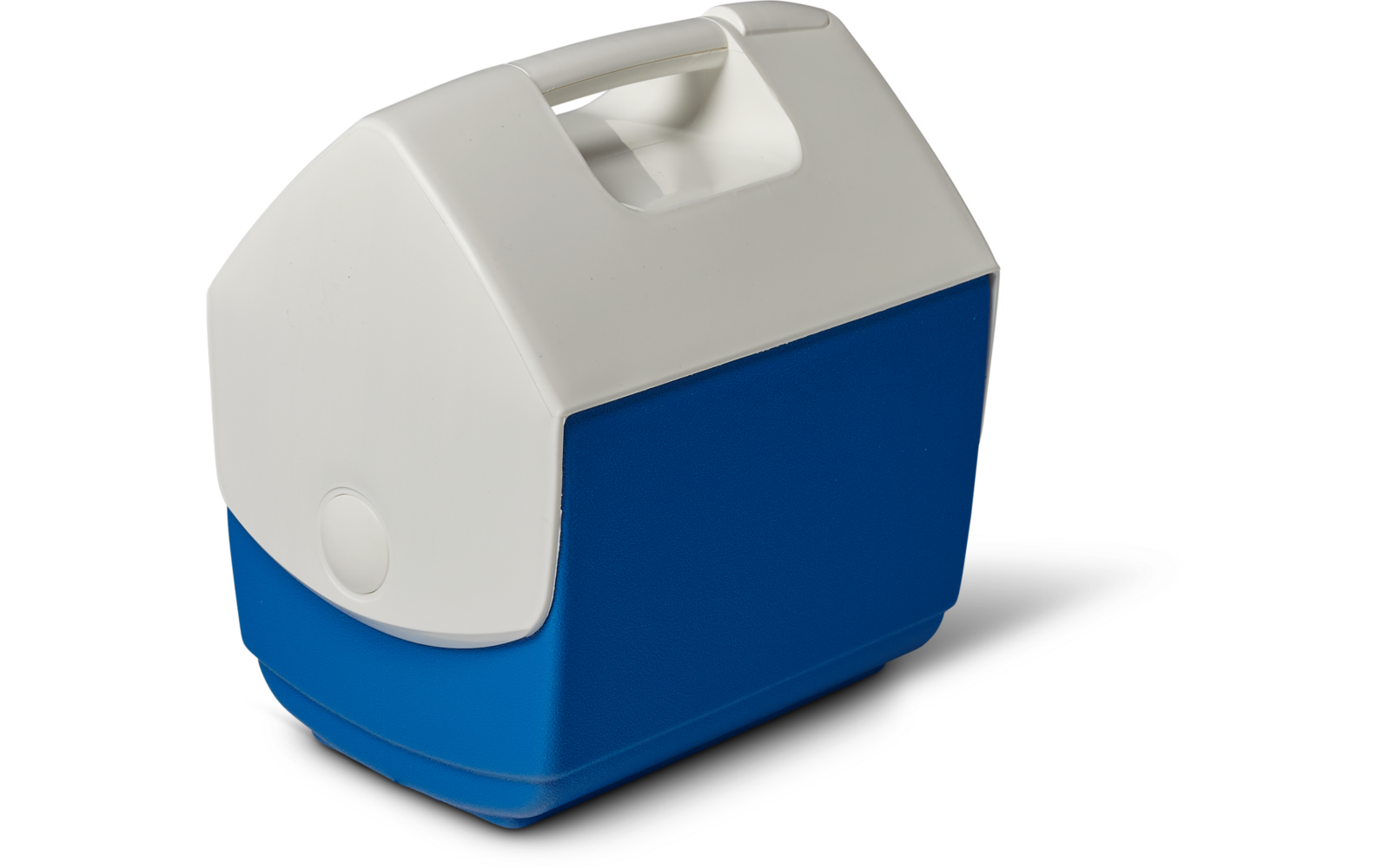 Weißer Kunststoffgriff und Deckel über einem blauen rechteckigen Kunststoffbehälter