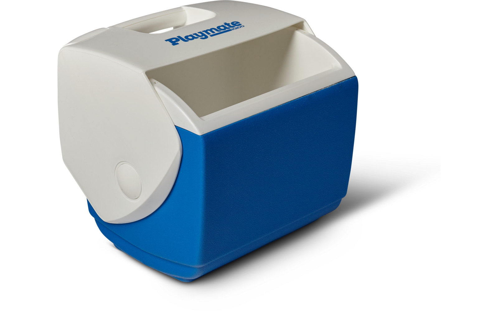 Kleines blau-weißes Kunststoffbehältnis mit offenem Deckel, Tragegriff und 'Playmate'-Schriftzug auf dem Griff