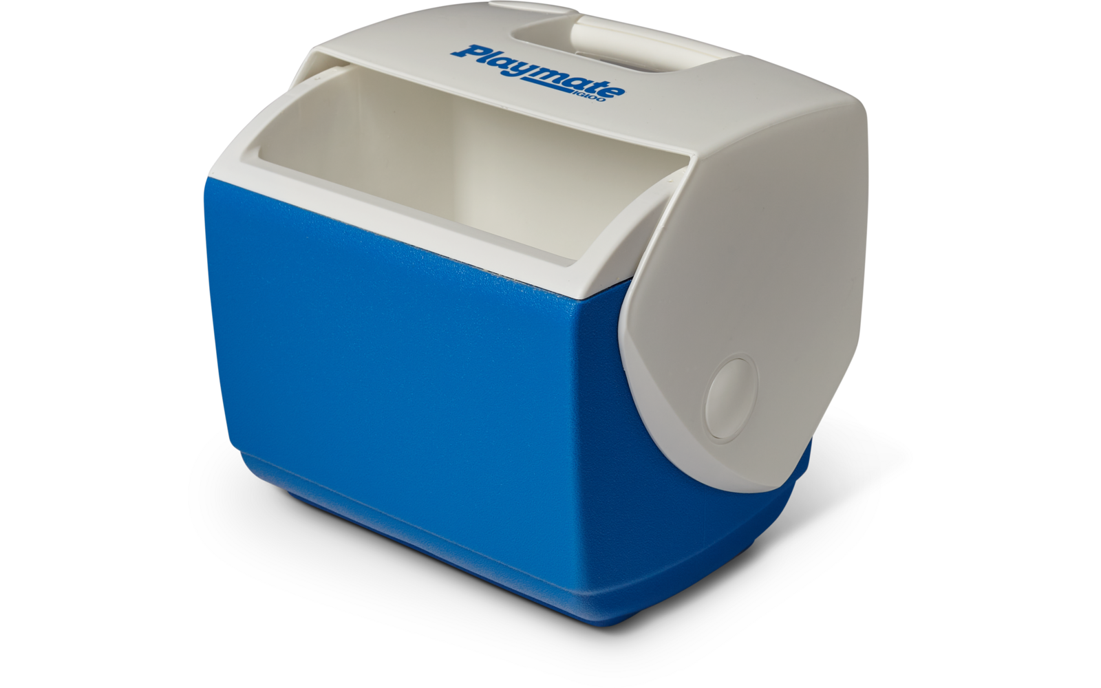 Weiße und blaue Kunststoffbox mit integriertem Griff, geöffnetem Deckel und sichtbarem Schriftzug "playmate"