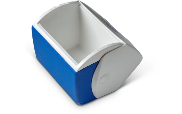 Weiß-blaues rechteckiges Behältnis mit geöffnetem Deckel, sichtbarem weißen Innenraum, seitlicher runder Vertiefung, ohne Inhalt