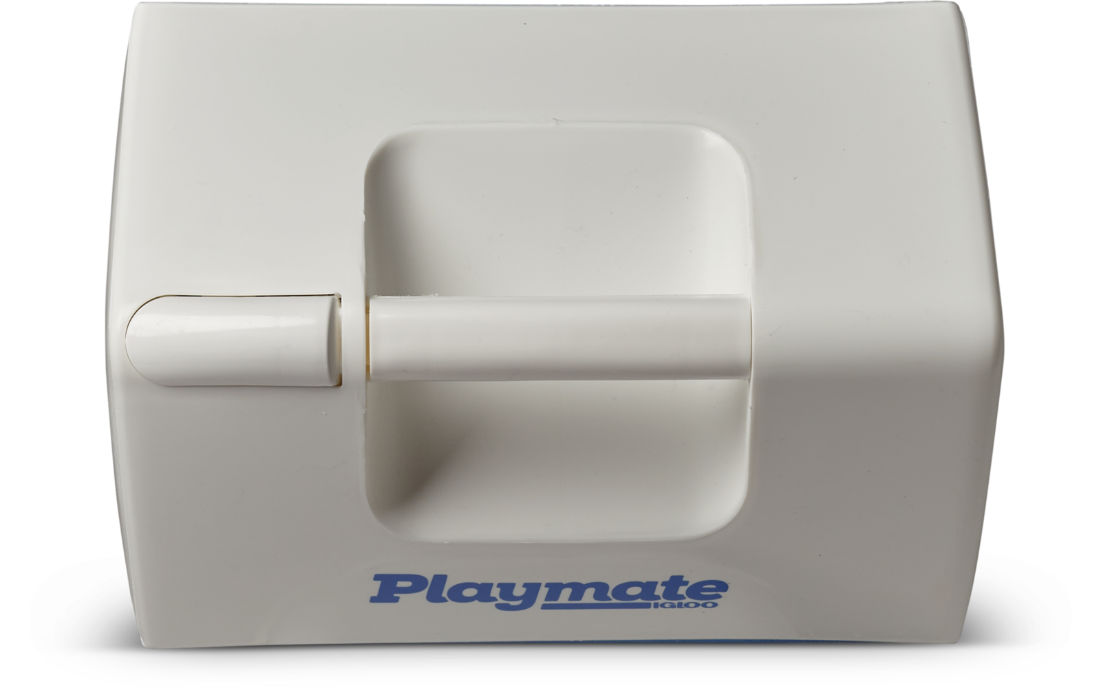 Weißes rechteckiges Kunststoffgehäuse mit eingelassenem rechteckigem Griff, quer verlaufender Stange und blauem Schriftzug 'Playmate' auf der Vorderseite