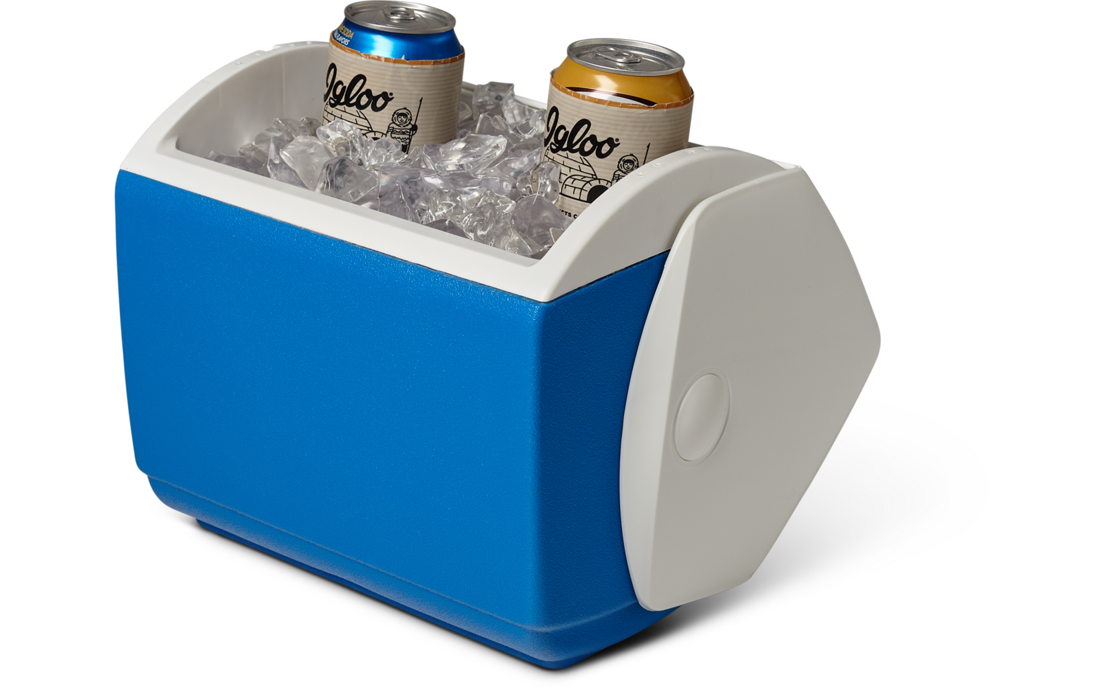 Geöffnete blaue und weiße Kühlbox mit Eis und zwei Getränkedosen, eine Dose mit gelbem Deckel und eine mit blauem Deckel