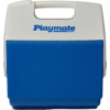Kleine tragbare Kühlbox in Weiß und Blau mit Tragegriff und Schriftzug "Playmate" auf der oberen weißen Klappe