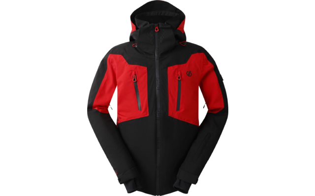 Schwarze und rote Jacke mit Kapuze und vier Reißverschlusstaschen vorne