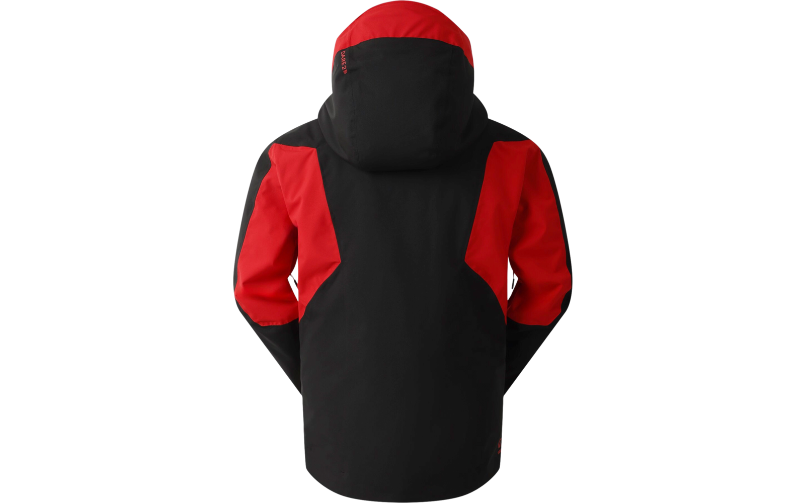 Rückansicht einer schwarzen und roten Jacke mit Kapuze