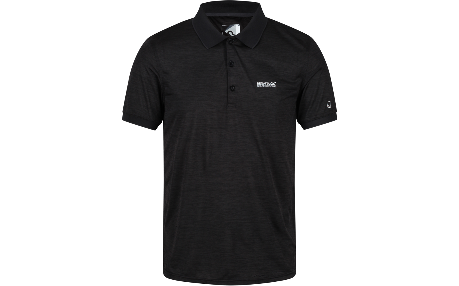 Zwart polohemd met korte mouwen, kraag en drie knopen, klein wit logo op de linkerborst en klein logo op de linkermouw