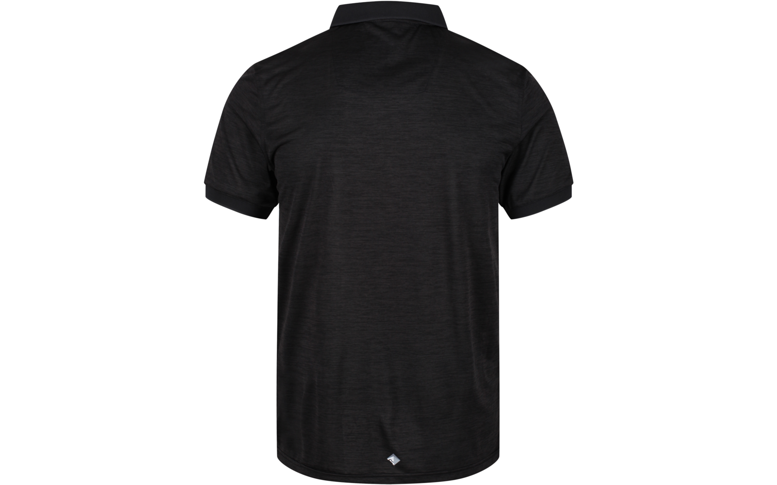 Achteraanzicht van een zwart poloshirt met korte mouwen, kraag en klein ruitvormig logo op de onderrug