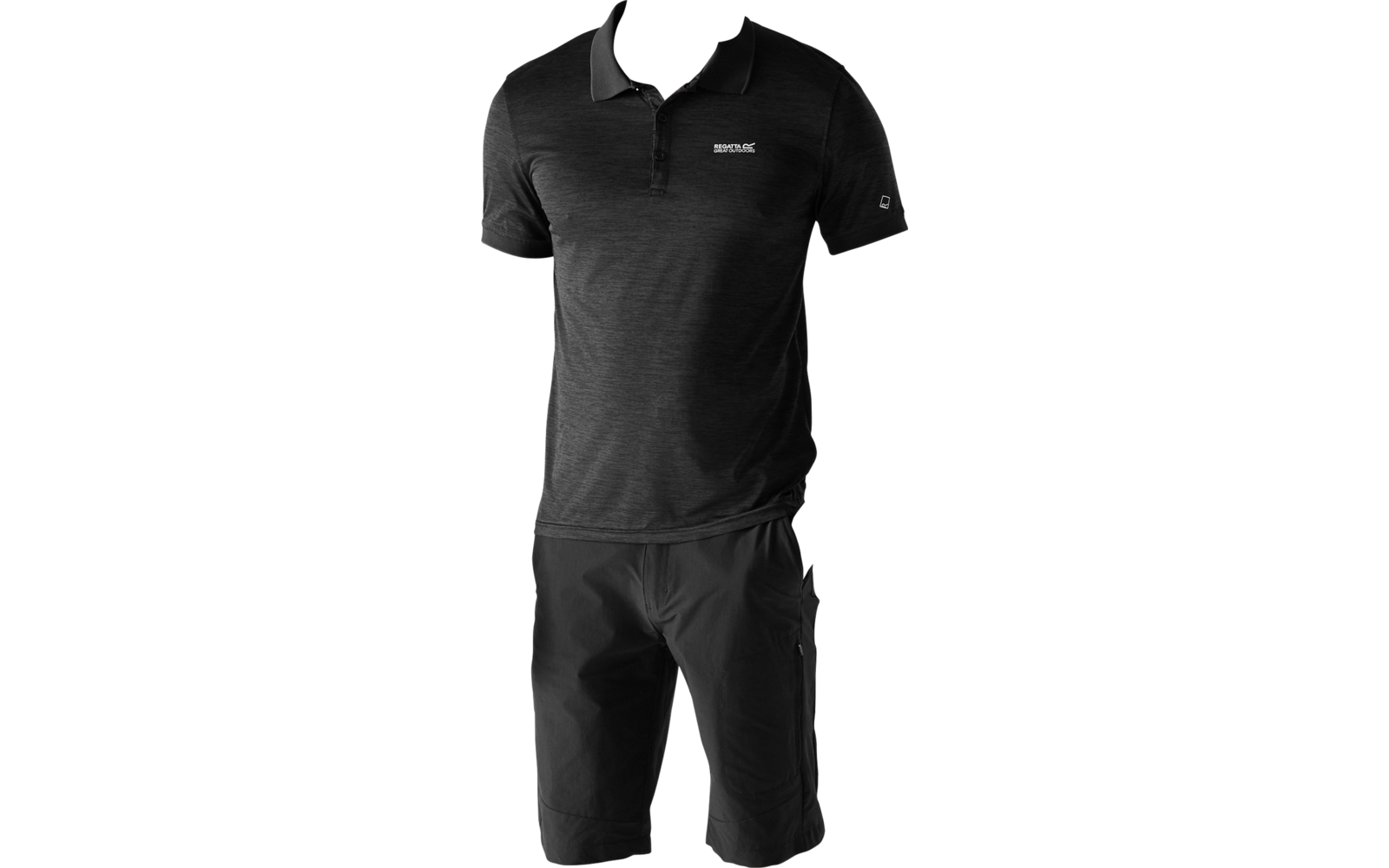 A standing man wearing a black polo shirt, black knee-length shorts, and black sneakers on a light background