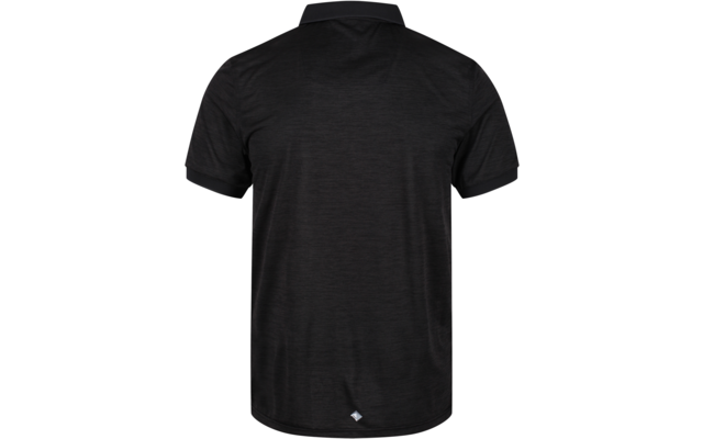 Achteraanzicht van een zwart poloshirt met korte mouwen, kraag en klein ruitvormig logo op de onderrug