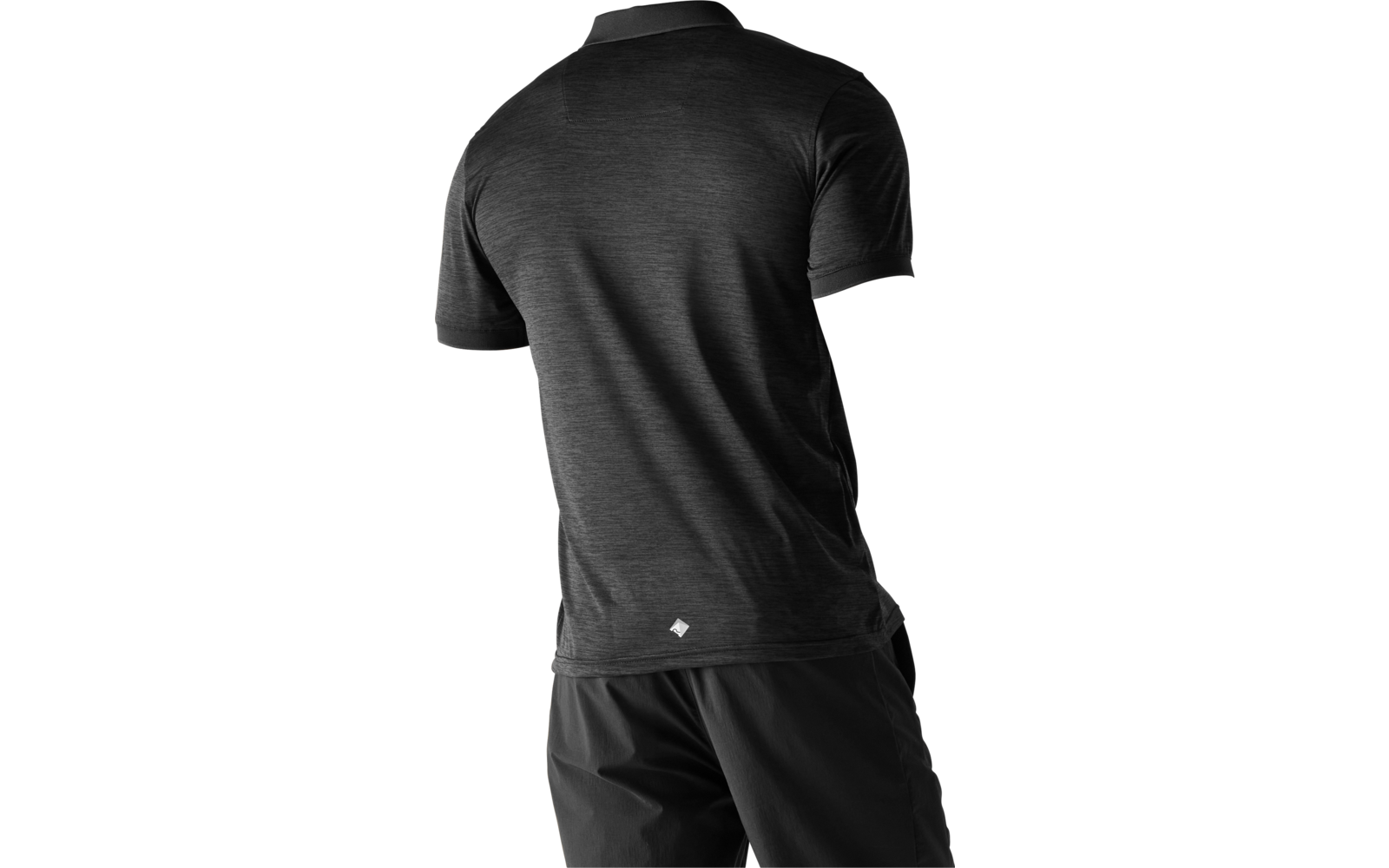 Person seen from behind wearing a black polo shirt and black shorts against a light plain background