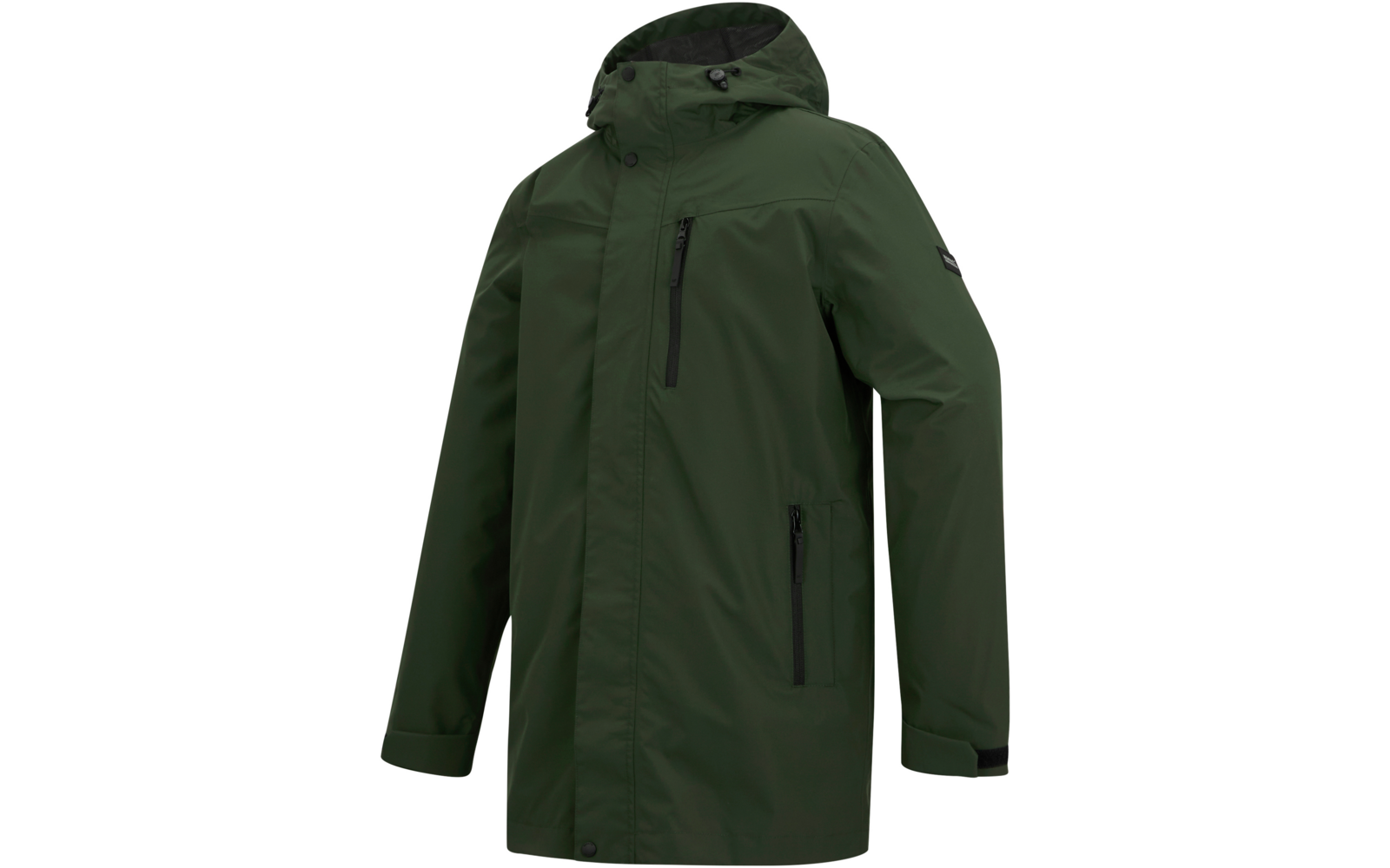 Grüne Kapuzenjacke mit verdecktem Frontreißverschluss, zwei seitlichen Reißverschlusstaschen, senkrechter Brusttasche, Druckknopf am Saum und verstellbaren Ärmelbündchen, freigestellt auf weißem Hintergrund