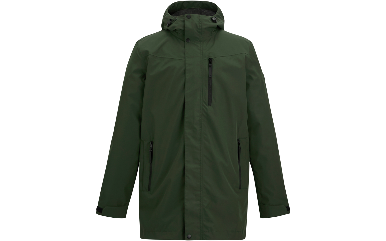 Dunkelgrüne Kapuzenjacke mit Reißverschlusstasche an der Brust, zwei Reißverschlusstaschen an den Hüften und durchgehendem Frontreißverschluss mit Überlappung