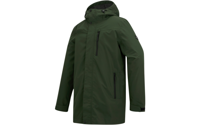 Grüne Kapuzenjacke mit verdecktem Frontreißverschluss, zwei seitlichen Reißverschlusstaschen, senkrechter Brusttasche, Druckknopf am Saum und verstellbaren Ärmelbündchen, freigestellt auf weißem Hintergrund