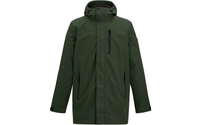 Dunkelgrüne Kapuzenjacke mit Reißverschlusstasche an der Brust, zwei Reißverschlusstaschen an den Hüften und durchgehendem Frontreißverschluss mit Überlappung