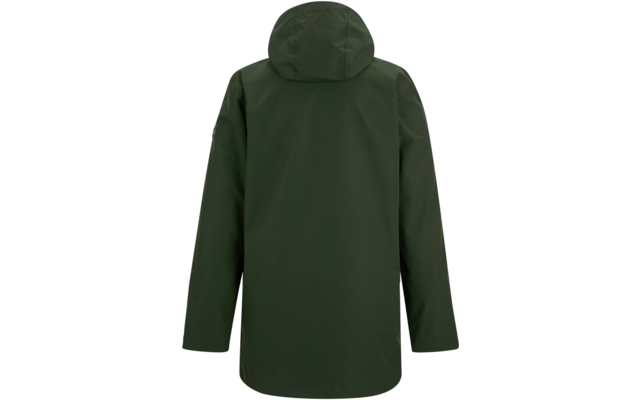 Rückenansicht einer dunkelgrünen Jacke mit Kapuze, langen Ärmeln und glatter, einfarbiger Oberfläche