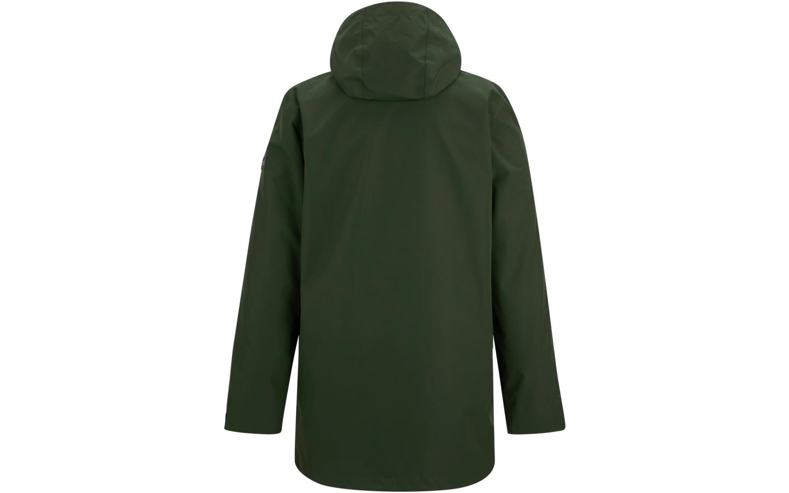 Rückenansicht einer dunkelgrünen Jacke mit Kapuze, langen Ärmeln und glatter, einfarbiger Oberfläche