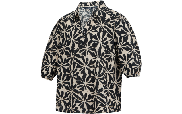 Kurzärmlige Bluse mit V-Ausschnitt und Kragen, cremefarbener Hintergrund mit großem schwarzem Blumenmuster