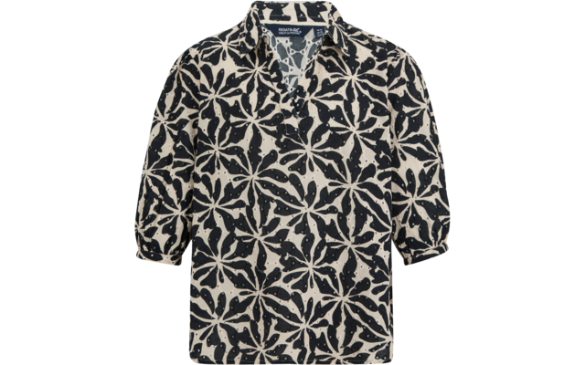 Beige Bluse mit großflächigem schwarzem Blumen- und Blättermuster, kurzer geraffter Ärmel, Hemdkragen, v-förmige Öffnung vorne