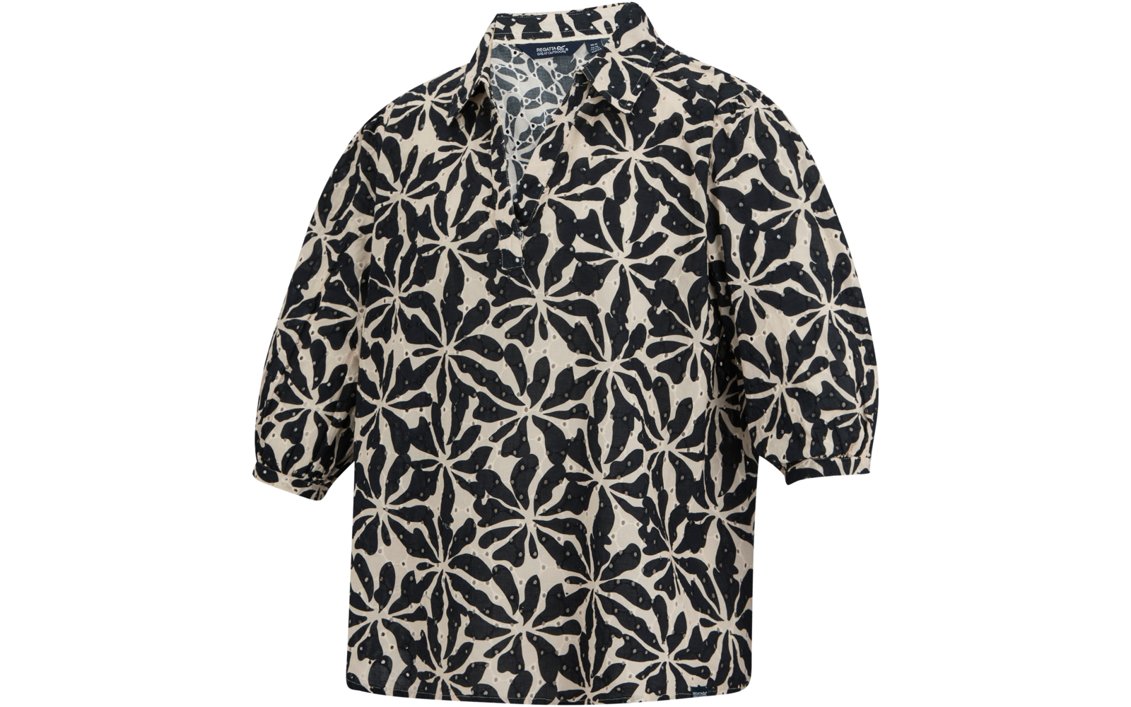 Kurzärmlige Bluse mit V-Ausschnitt und Kragen, cremefarbener Hintergrund mit großem schwarzem Blumenmuster