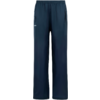 Dark blue full-length pants with elastic waistband, straight legs, side zip pockets and small white logo/text on the left thigh