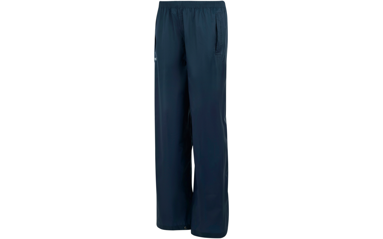 Dark blue wide pants with elastic waistband, side zip pockets and smooth, slightly shiny fabric