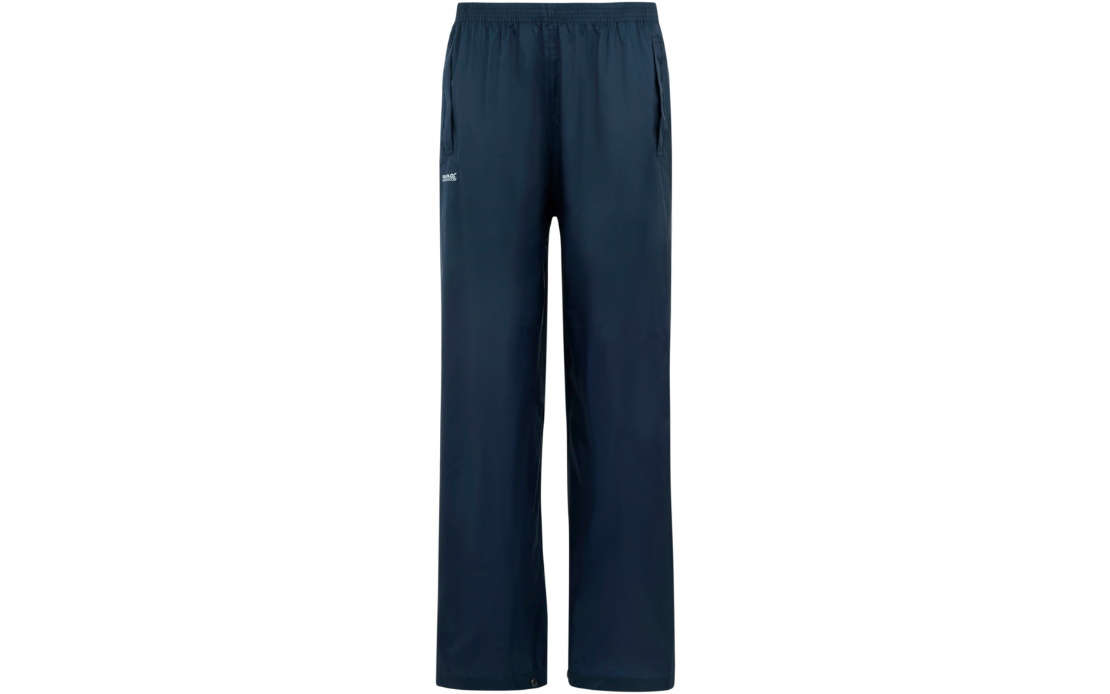 Dark blue full-length pants with elastic waistband, straight legs, side zip pockets and small white logo/text on the left thigh