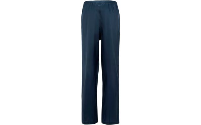 Dark blue long trousers in shiny fabric with elastic waistband and straight legs