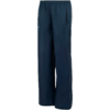 Dark blue wide pants with elastic waistband, side zip pockets and smooth, slightly shiny fabric