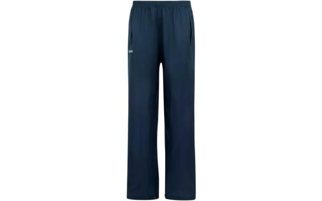 Dark blue full-length pants with elastic waistband, straight legs, side zip pockets and small white logo/text on the left thigh