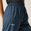 Waist to upper thighs of a person wearing dark blue pants made of smooth, slightly shiny fabric with elastic waistband, side pocket, and white 'REGATTA GREAT OUTDOORS' logo