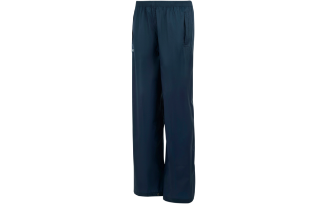 Dark blue wide pants with elastic waistband, side zip pockets and smooth, slightly shiny fabric