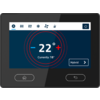 Zwart rechthoekig touchscreen met grote weergave '22°' in het midden, minteken links en plusteken rechts, daaronder kleine tekst 'Currently: 18°', boven een balk met pictogrammen en een aan/uit-symbool, onderaan twee knoppen met huis- en terugpictogram, rechts een knop met label 'Hybrid'