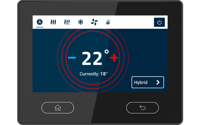 Zwart rechthoekig touchscreen met grote weergave '22°' in het midden, minteken links en plusteken rechts, daaronder kleine tekst 'Currently: 18°', boven een balk met pictogrammen en een aan/uit-symbool, onderaan twee knoppen met huis- en terugpictogram, rechts een knop met label 'Hybrid'