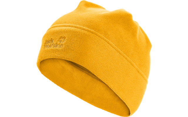 gelbe Fleece-Beanie mit sichtbarem 'Jack Wolfskin'-Logo