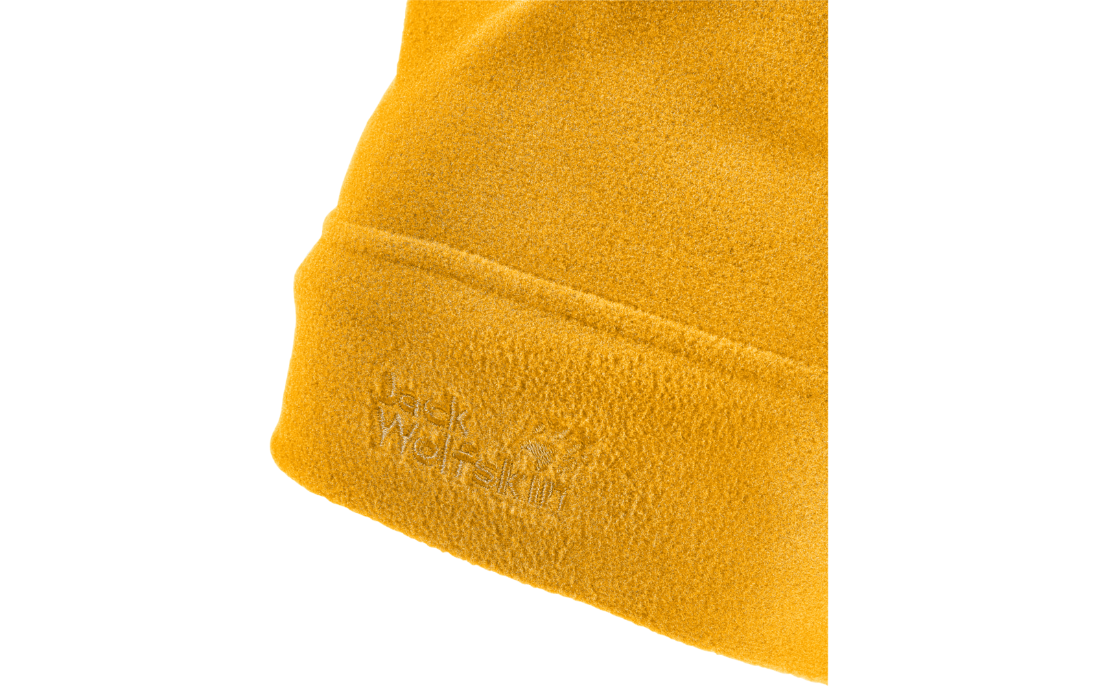 Gelbe Fleece-Mütze mit umgeschlagenem Rand und geprägtem Schriftzug