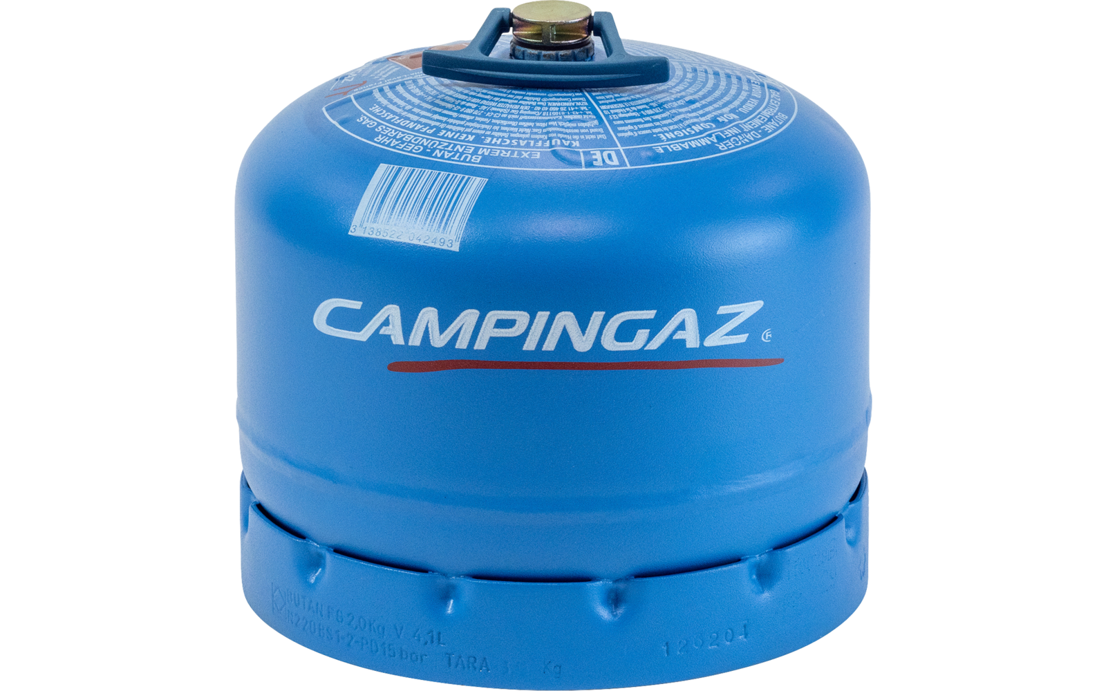 Blauer Campingaz-Gasbehälter mit weißer Aufschrift