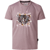 Rosa-lila, kurzärmeliges T‑Shirt mit rundem Halsausschnitt und großem Tigerkopf-Motiv in der Mitte, umgeben von Aquarellflecken und kleinen Herz-Symbolen